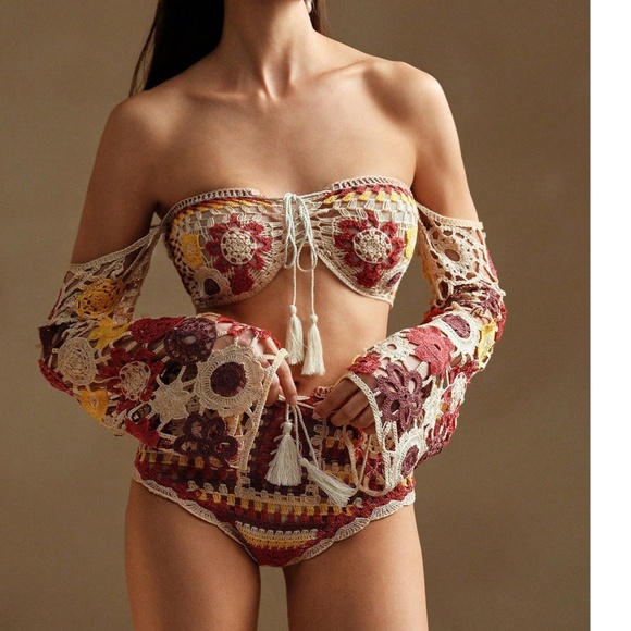 Boho Colorful Floral Crochet Semi Sheer Bikini Swimsuit Set - Picture 4 of 7